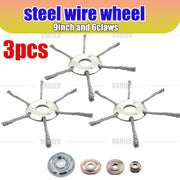 3pcs 9 "6/3 Claw Wire Brushes, 1" Bore, Metal, with 4 Mounting Accessories, up to 10000 RPM for Garden and Yard Trimming, Durable, Wear-resistant, Efficient, Perfect Wire Brush for Lawn Mowers