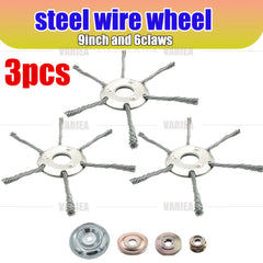 Set of three 9-inch claw wire brushes with mounting accessories for lawn mowers