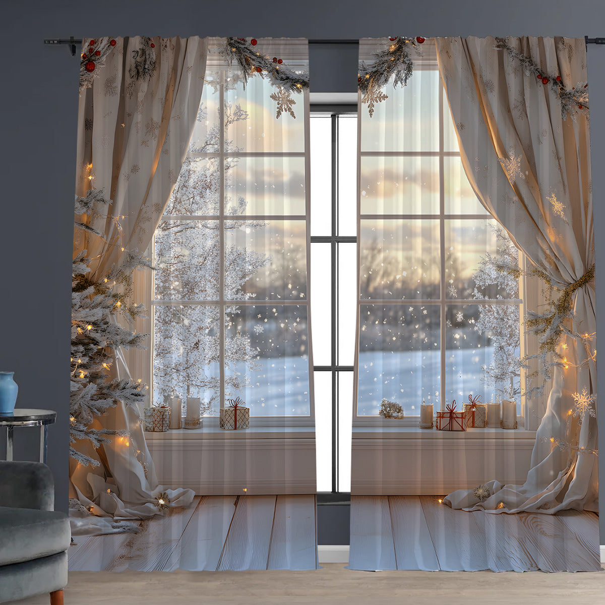 2pcs Christmas Curtain 3d Digital Printing Flower Type