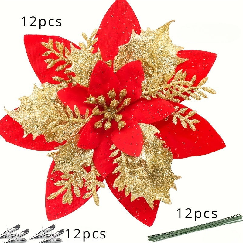 36pcs Glittering Christmas Star and Flower Hanging Ornaments Set with Clips and Stems - Perfect for Christmas Tree, Wreaths, Holiday Decorations, and Home Décor Multi-Purpose Gift