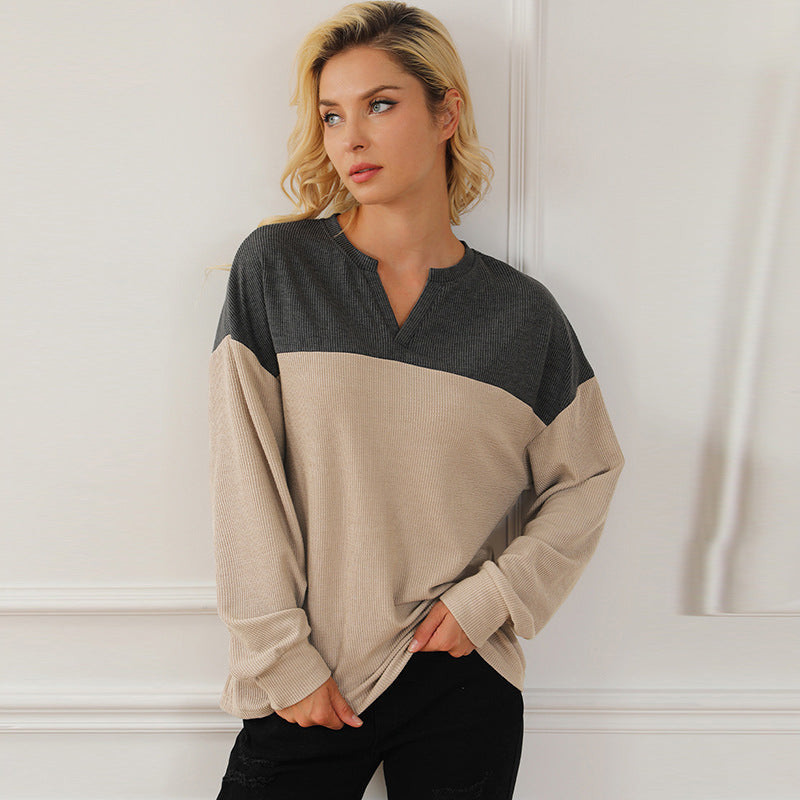 Chic Colorblock V-Neck Long Sleeve Pullover Sweater