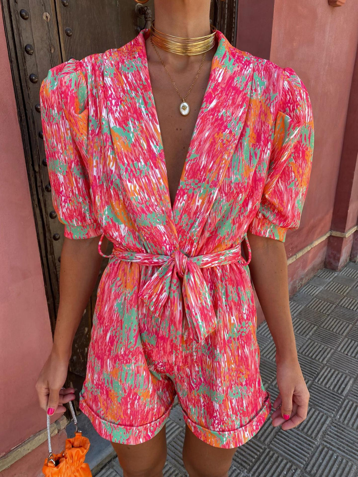 Deep V-neck Puff Short Sleeve Printed Elastic Waistband Pocket Shorts Jumpsuit