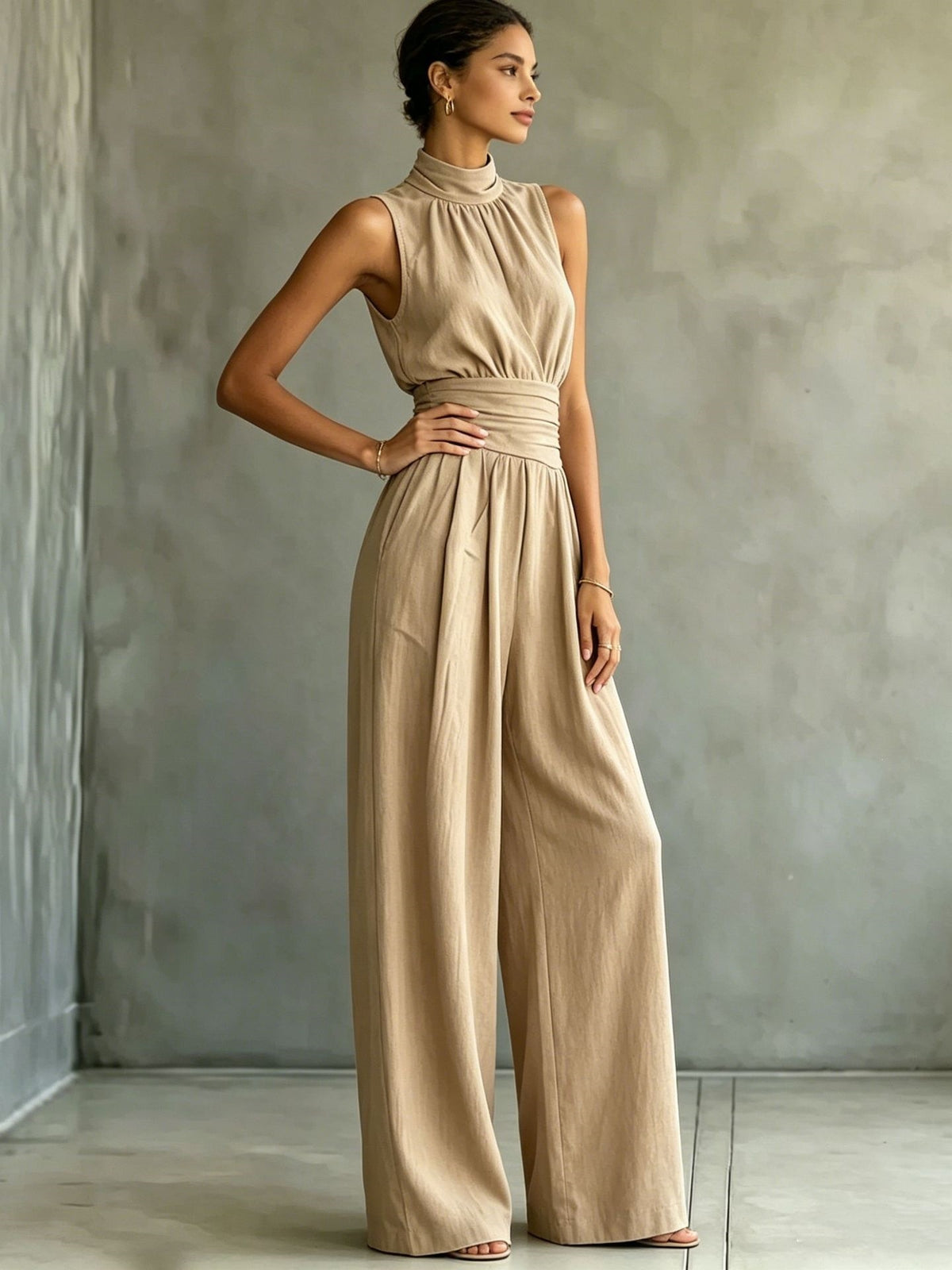 Chic Sleeveless Mock-Neck Wide-Leg Casual Jumpsuit