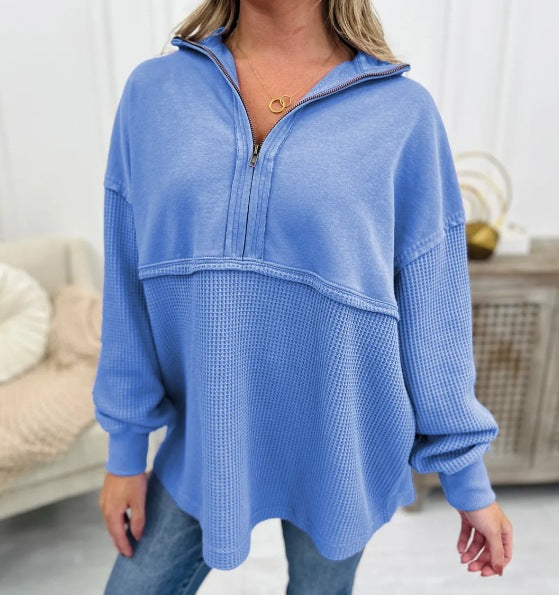 Women's Cozy Zip Patchwork Casual Pullover Sweater