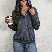 Elegant V‑Neck Long‑Sleeve Top – Plaid Pattern, Dark Gray