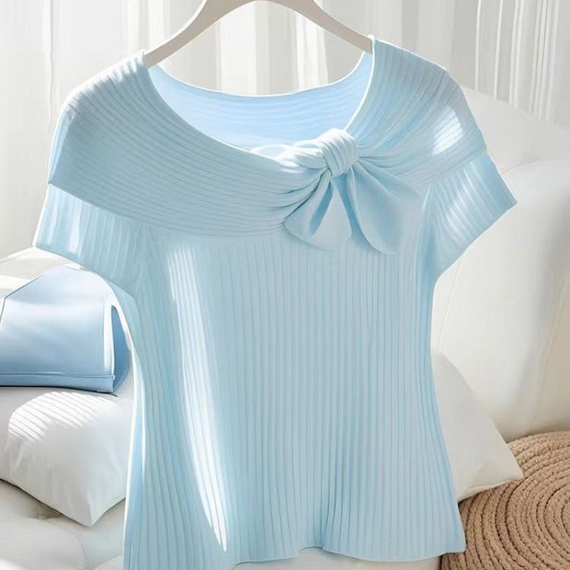 Women's Light Blue Silk Short Sleeve Top – Breathable Loose Fit