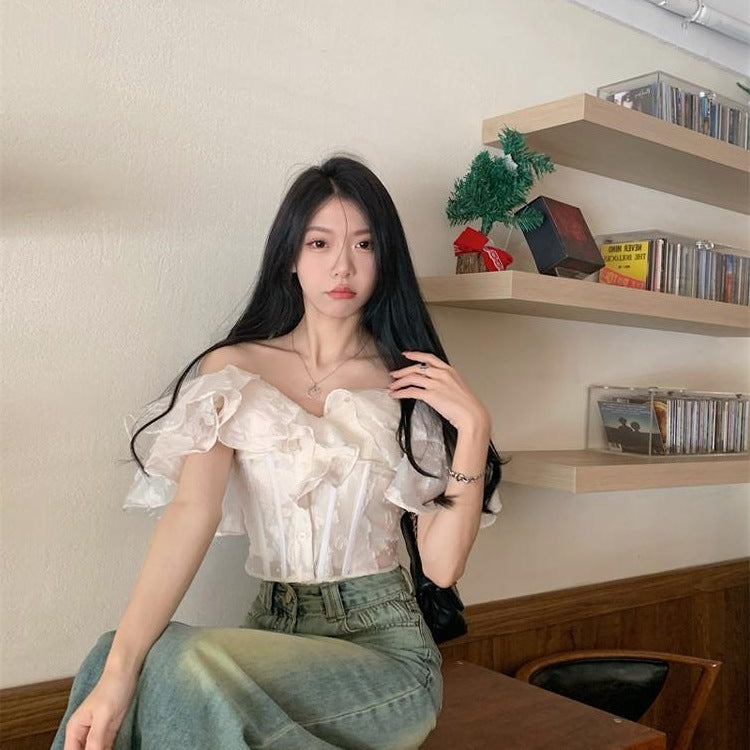 White Off-shoulder Shirt With Ruffled Hem