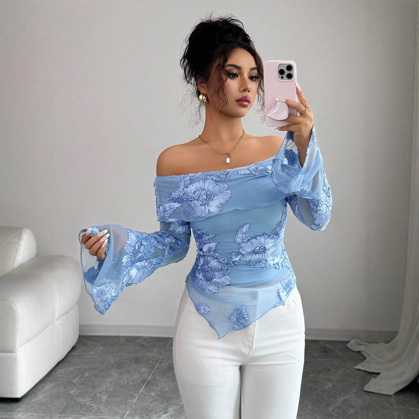 One-Shoulder Embroidered Asymmetric Trumpet Sleeve Top