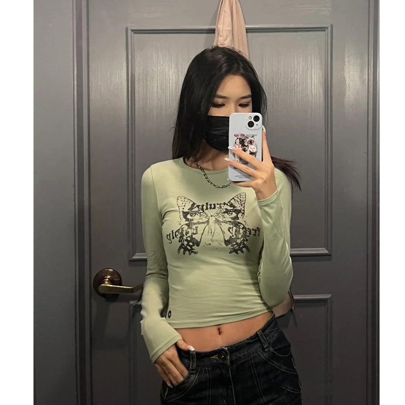 Vintage Geometric Print Long-Sleeve Slim T-Shirt
