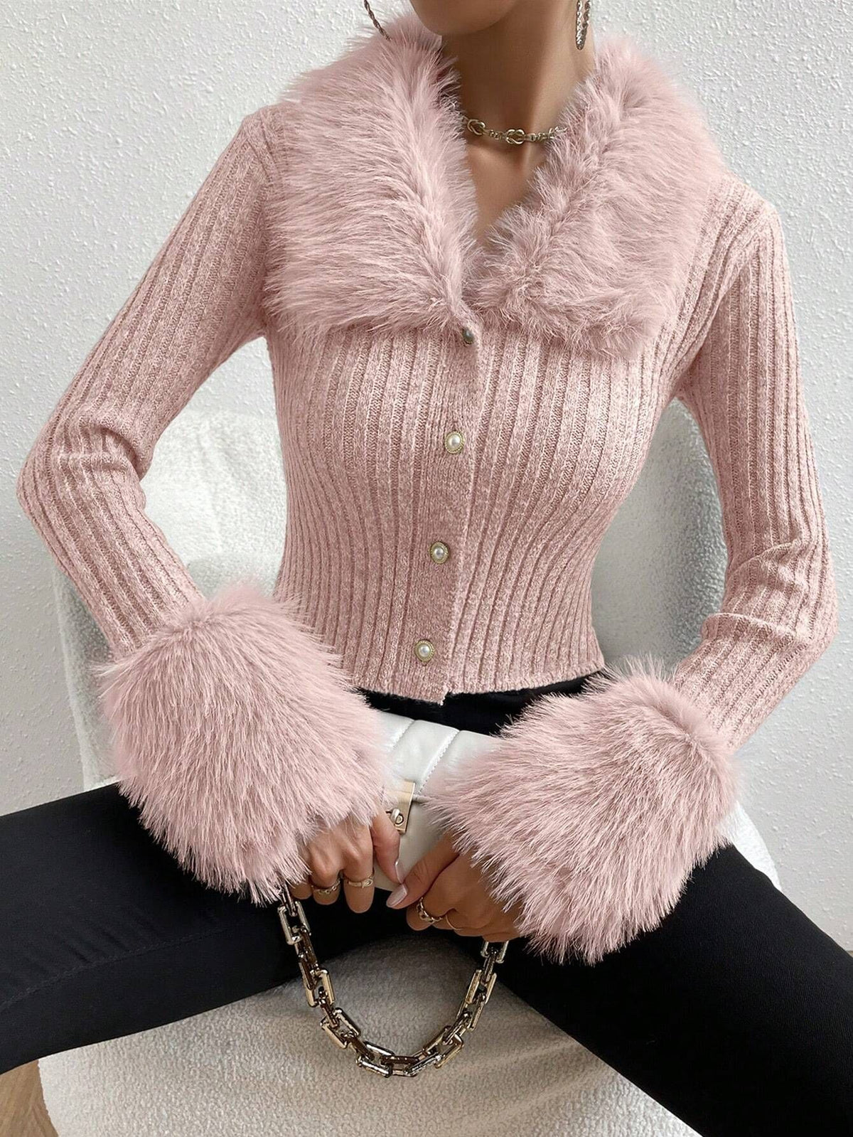 New V-neck Knitted Cardigan with a Slim Fit and a Fur-trimmed Collar