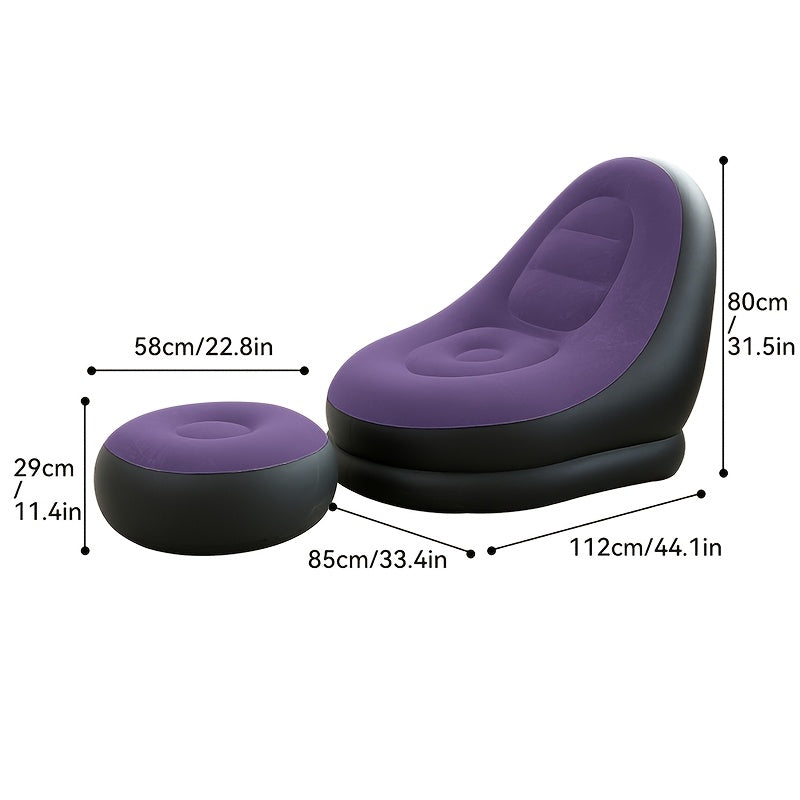 Inflatable Lounge Chair and Footstool 2pcs Set, Adult Inflatable Sofa with Flocked Surface, Comfortable Blow-Up Recliner for Indoor & Outdoor Use, Suitable as Holiday Gift