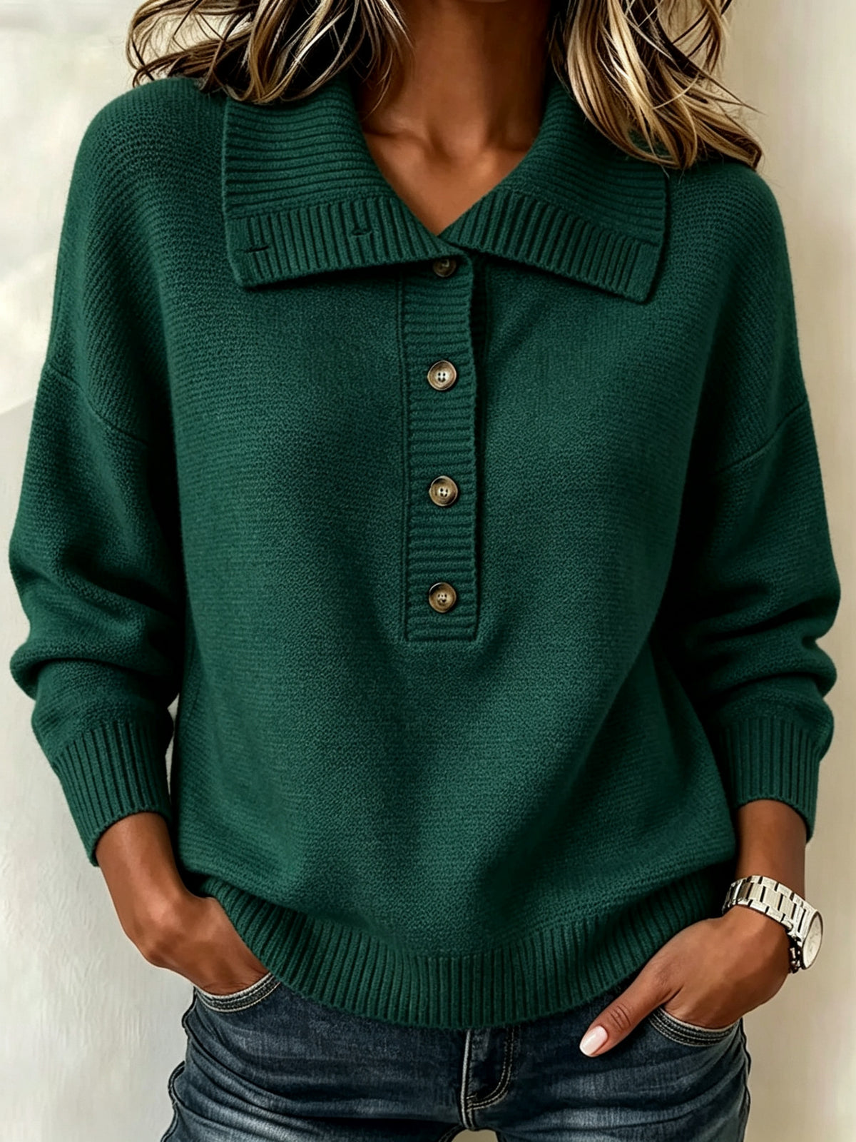 American-style Vintage-buttoned Half-zip Turtleneck Loose-fit Casual Womens Sweater