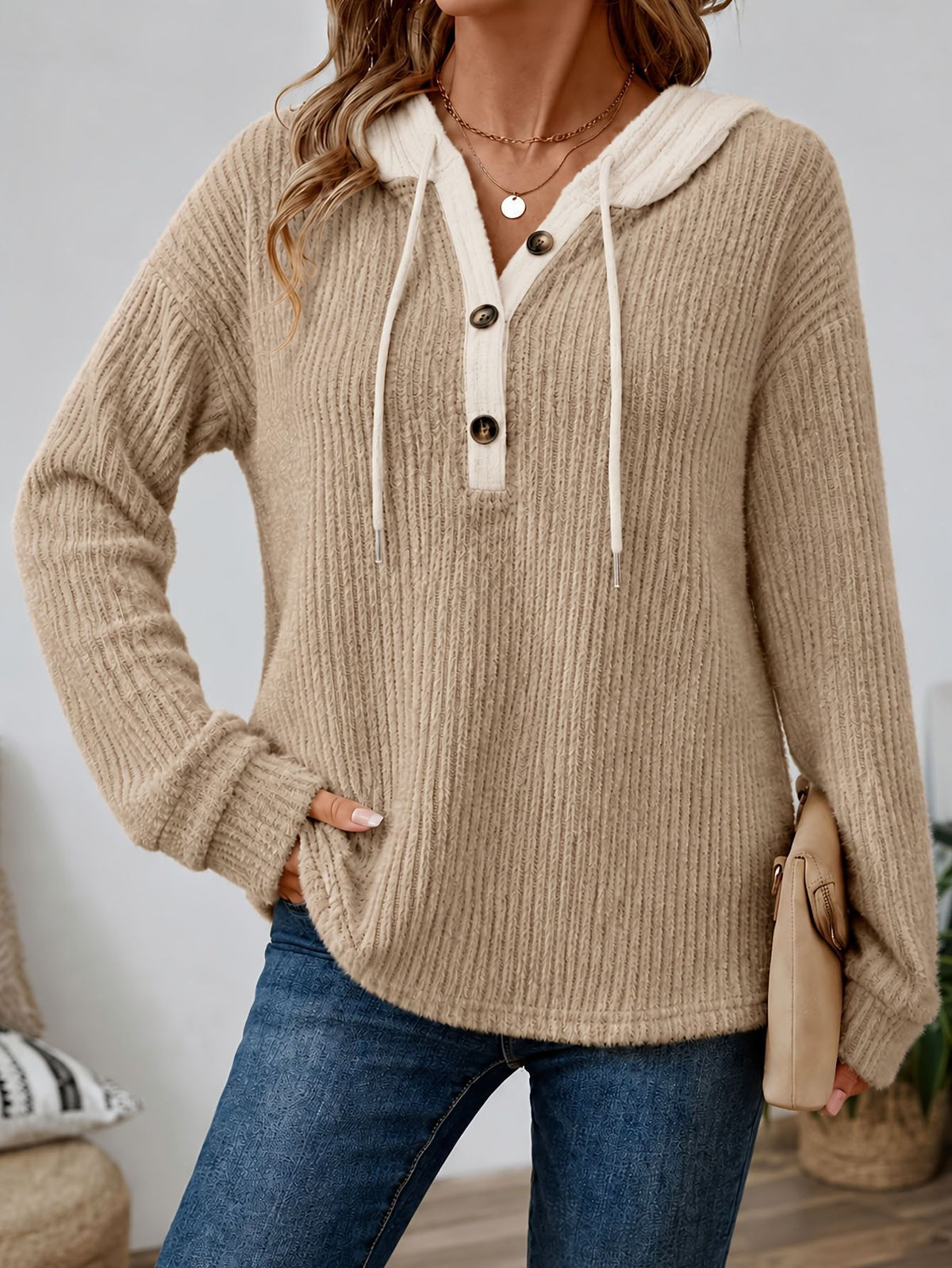 Loose-fit V-neck Buttoned Hooded Casual Womens Top with Drawstring
