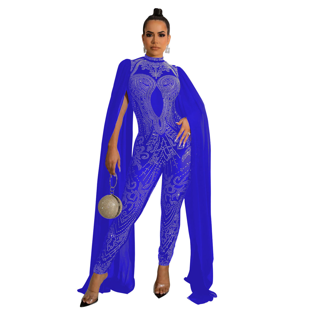 Autumn And Winter New Women's Sexy Mesh Rhinestone See-through Nightclub Jumpsuit