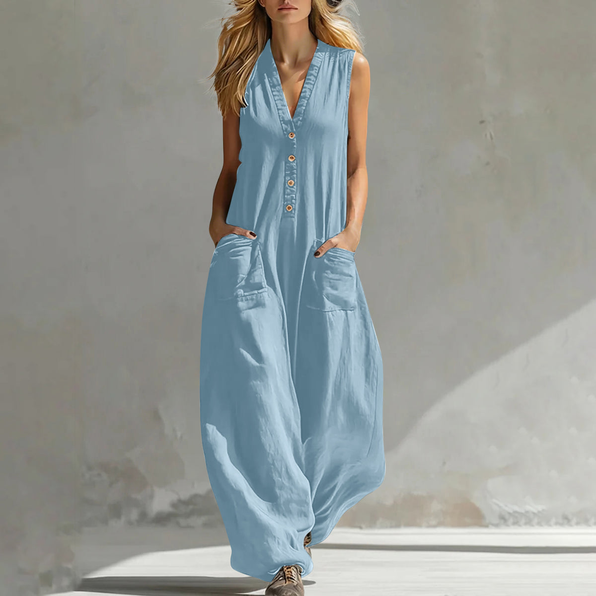 Women's Casual Linen-Cotton Sleeveless Pocket Jumpsuit