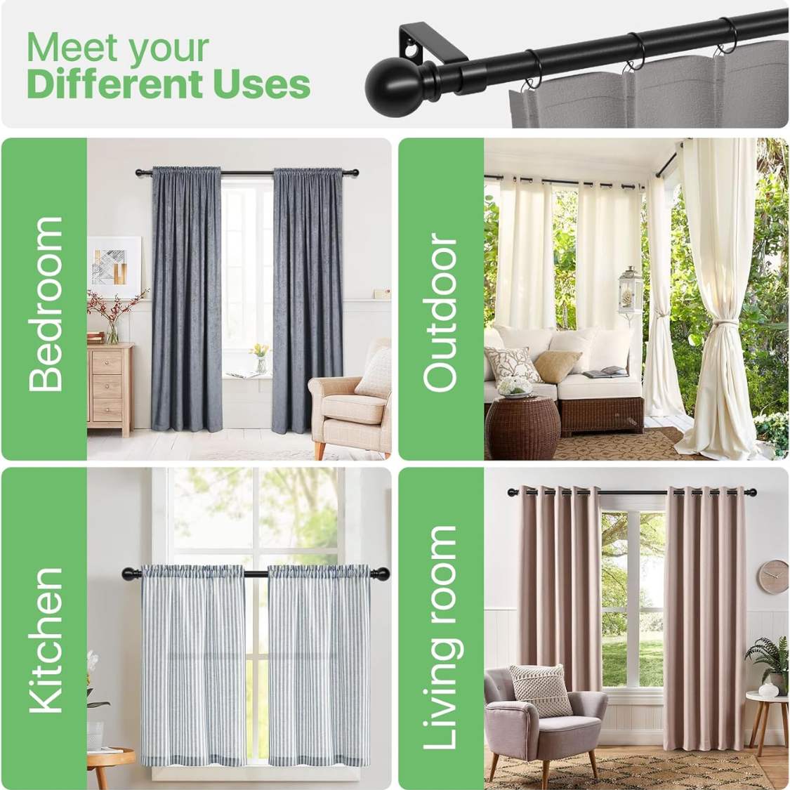 Curtain Rods for Windows 28 to 48 Inch, Black Curtain Rod Set with Brackets, Splicing Adjustable Metal Drapery Rod for Bedroom, Kitchen, Living Room, Matte Black