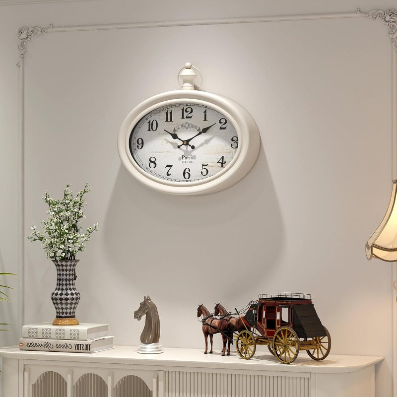 Vintage Antique White Retro Oval Wall Clock - Large Easy-to-Read Black Hands & Golden Numbers, Glass Face with Beige Background, Battery-Powered Silent Non-Ticking Movement, Farmhouse Decor for Living Room, Kitchen, Bedroom, Bathroom - 10.5"H x 11.3