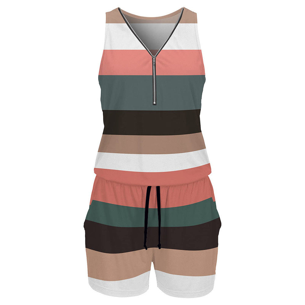 Women's V-Neck Zip-Up Striped Sleeveless Romper Shorts