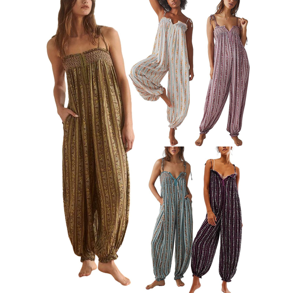Womens Printed Loose-Fit Figure-Flattering Jumpsuit