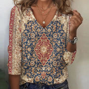 Chic V-Neck Printed Loose Long-Sleeve Top