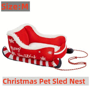 Christmas Sleigh Style Cat & Dog Bed - Winter Warm Pet House With Removable Cushion, Durable Polypropylene Fiber, Red & White Holiday Theme, Soft Safe Indoor Bed For Small/Medium Dogs & Cats, Cozy...