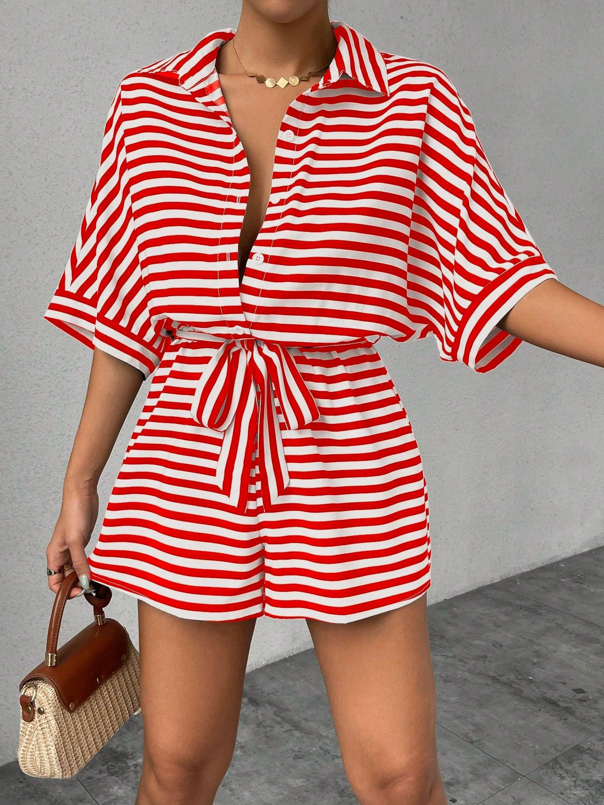 Summer Striped Lapel Belted Jumpsuit