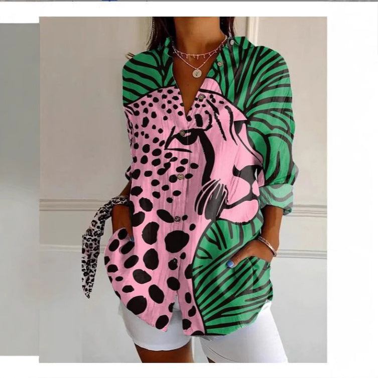 Women's 3D Digital Printing Fashion European And American Style Lapel Long Sleeve Shirt