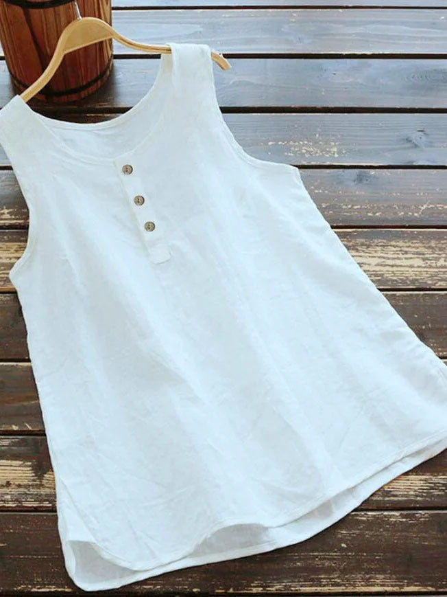 Solid Color Round Neck Loose Casual Vest Cotton Linen Shirt Women