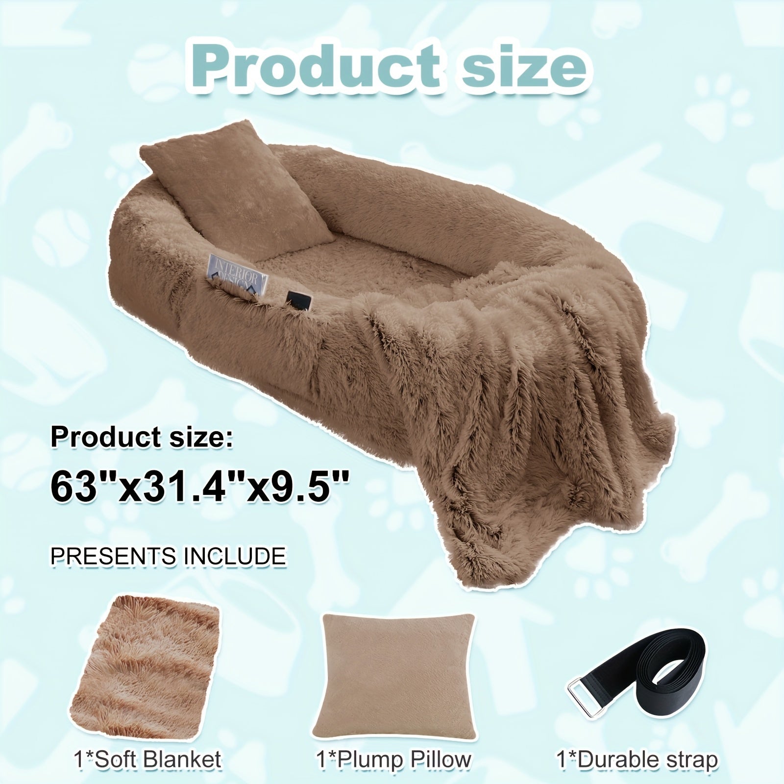 XXL Orthopedic Human-Dog Bed with Plush Pillow & Blanket - 71"x45"x12" Washable Faux Fur Bed for people & Pets, Non-Slip Base, Removable Cover - Grey Sofa Napping Couch for Large