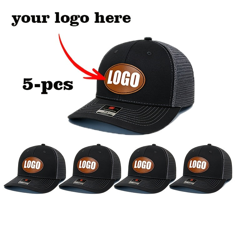 Set of 5 Tan Mesh Baseball Caps with Oval Logo – Snap‑Back Adjustable, 100% Polyester