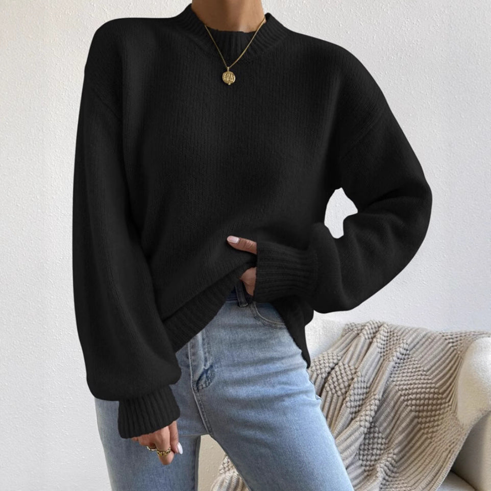 Pure Color Half Collar Leisure Pullover Sweater Women's Long-sleeved Sweater