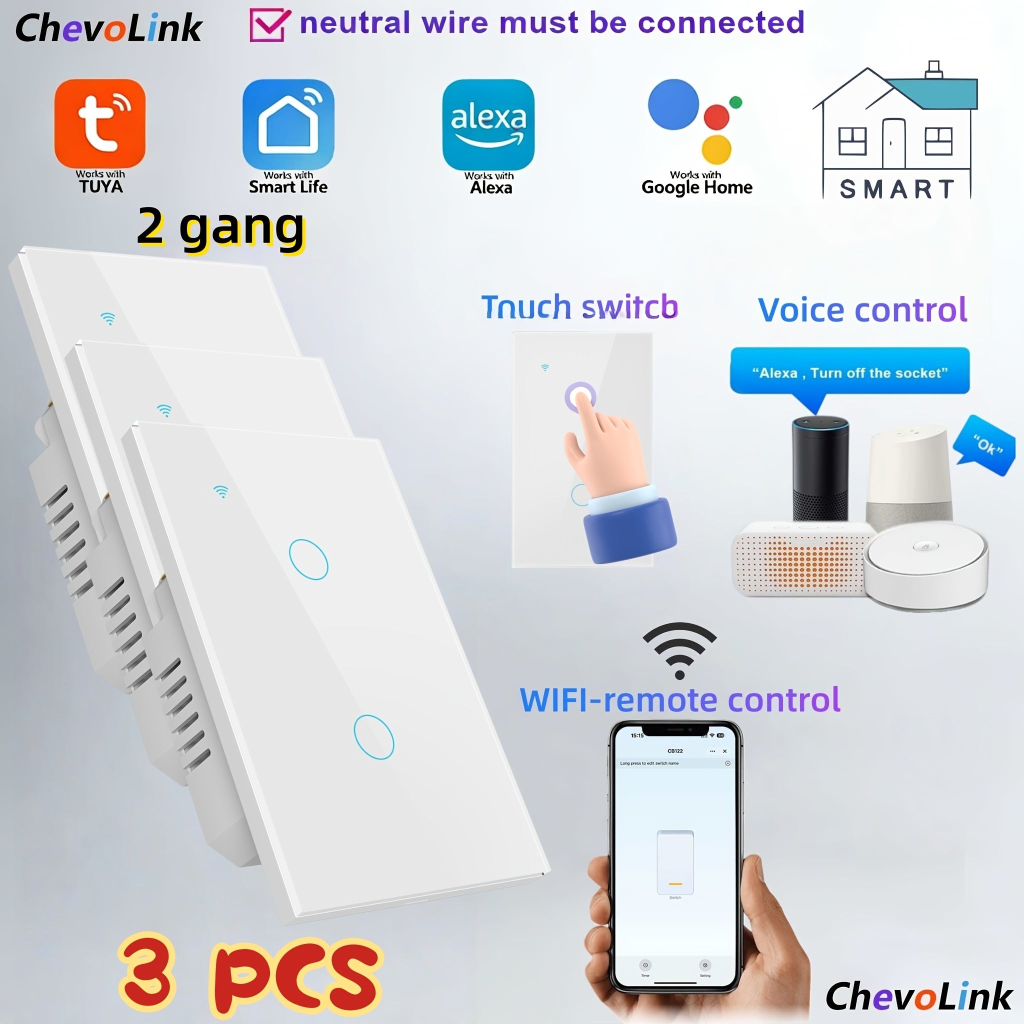 3-Pack Smart Wi-Fi Touch Light Switch, 1-4 Gang, 100-240V