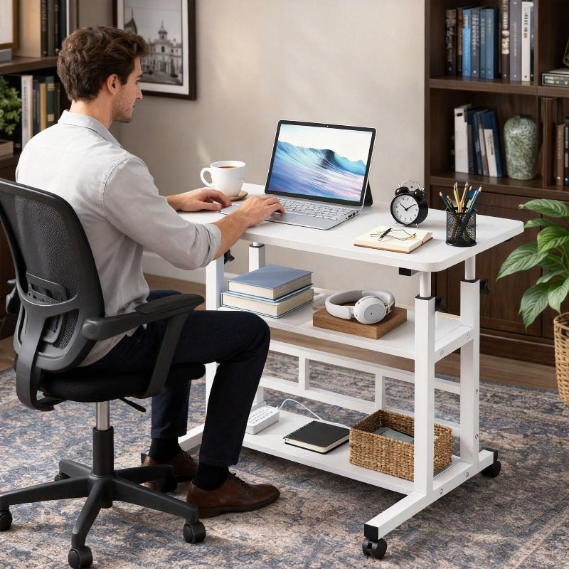 Height-Adjustable Bedside Computer Desk with Storage and Casters