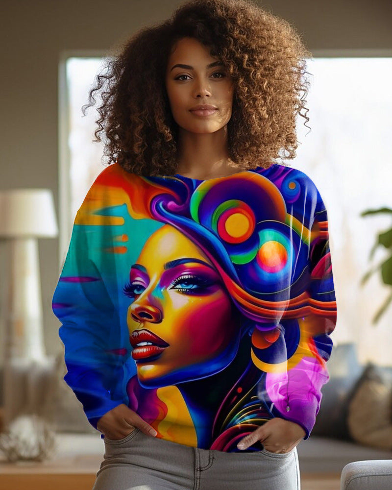 Chic Printed Long-Sleeve Round-Neck Women's Sweater
