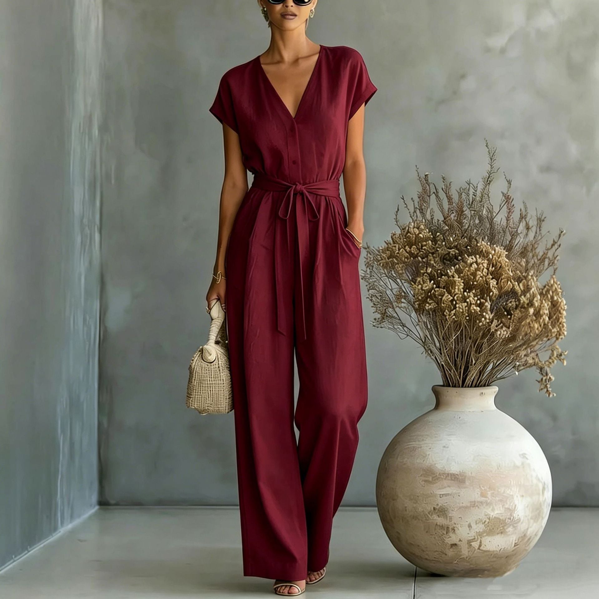 Elegant V-Neck Belted Button-Front Jumpsuit