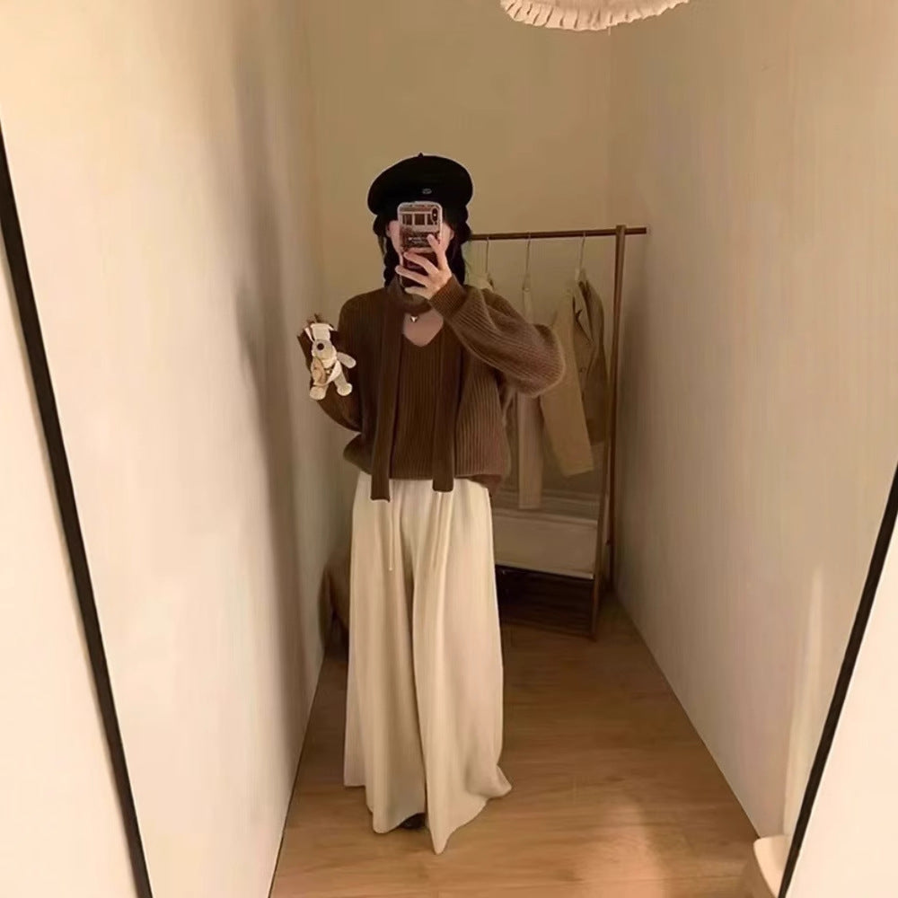 Womens Solid-color Loose V-neck Long-sleeve Sweater with Ribbons