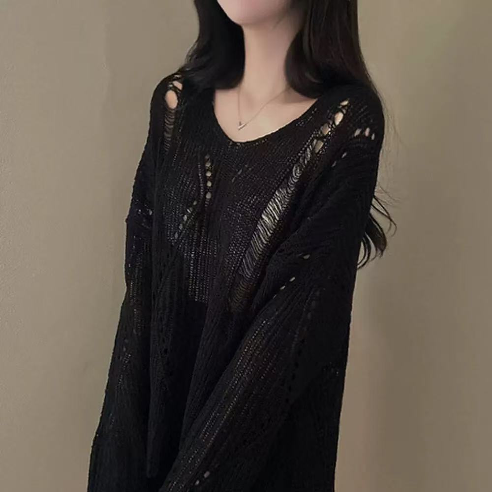 Hollow-out Ice Silk Thin Long Sleeve Mid-length V-neck Sweater