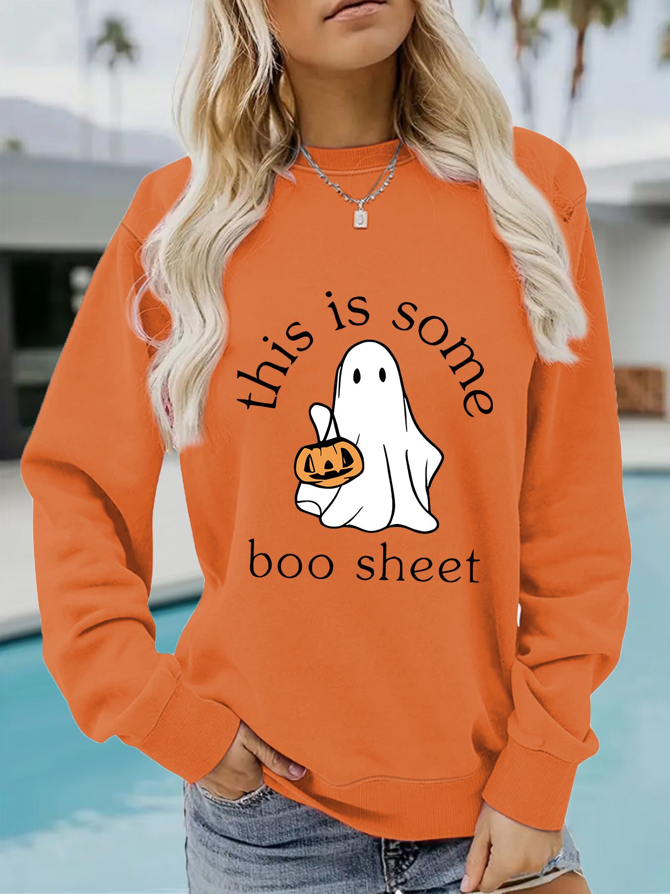 Spooky Chic Halloween Print Crewneck Pullover Sweatshirt