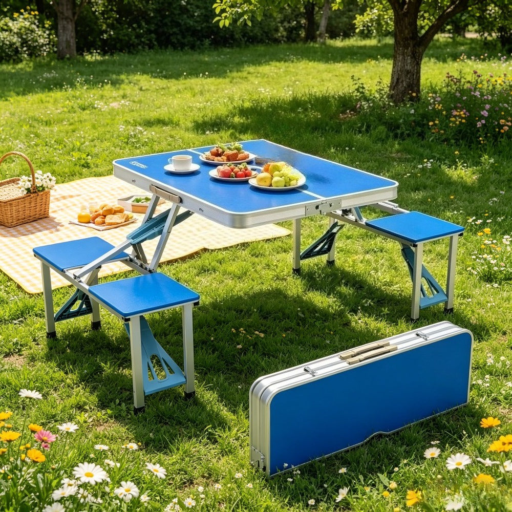 [Outdoor Camping Travel] 4FT Folding Picnic Table Set With 4 Seats, Aluminum Frame Portable Suitcase Camping Table With Umbrella Hole, 220 Lbs Capacity For Outdoor Travel BBQ RV Travel Patio Balcony Garden Porch Yard Table And Chairs Set