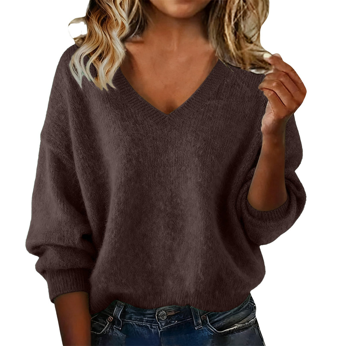 Women's New Autumn & Winter Solid Color V-neck Long Sleeve Knit Sweater, Loose Casual Tops