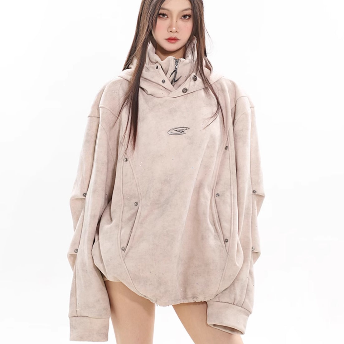 Double-Layer Hooded Turtleneck Pleated Couple's Sweater