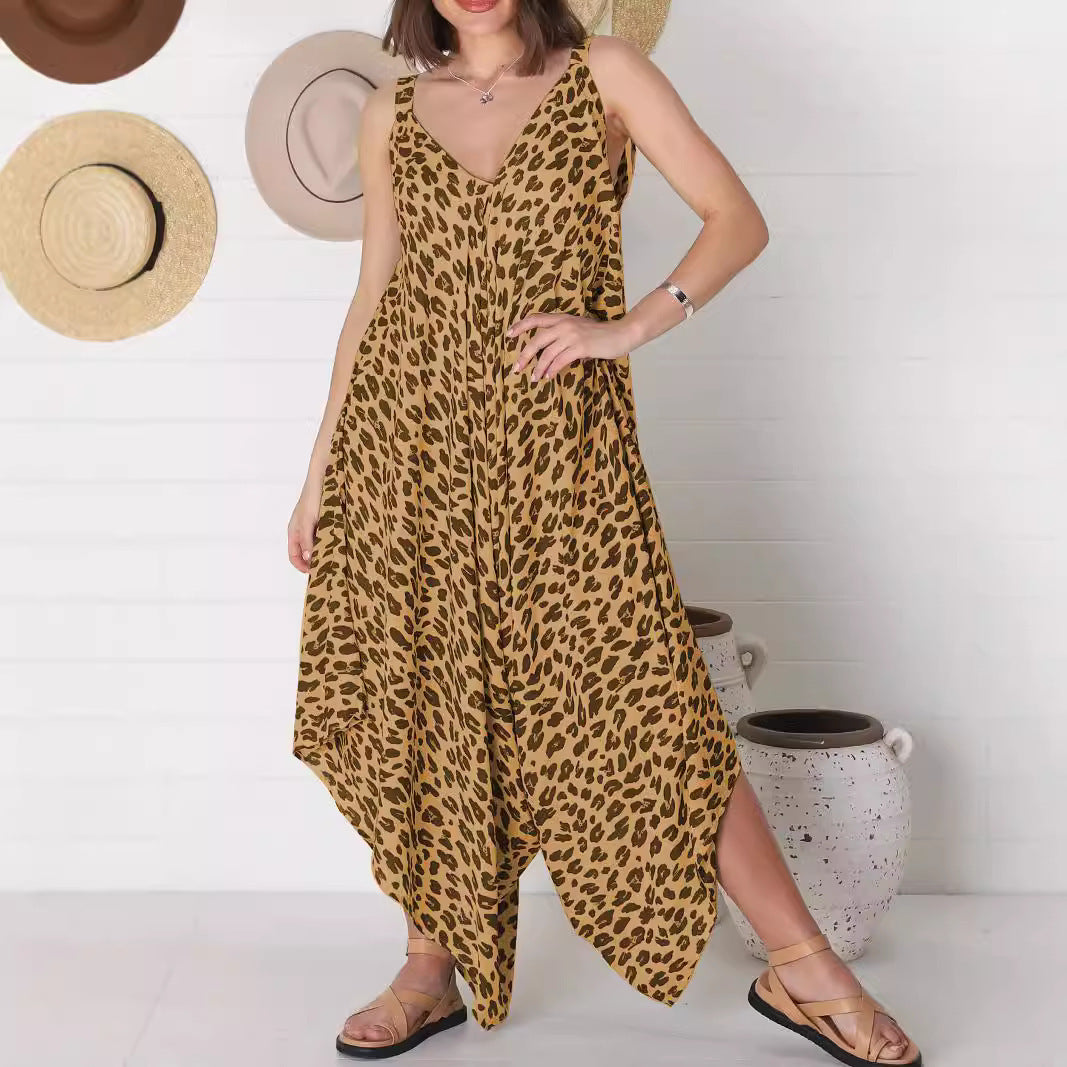 Leopard Print Wide Leg Jumpsuit Backless Romper