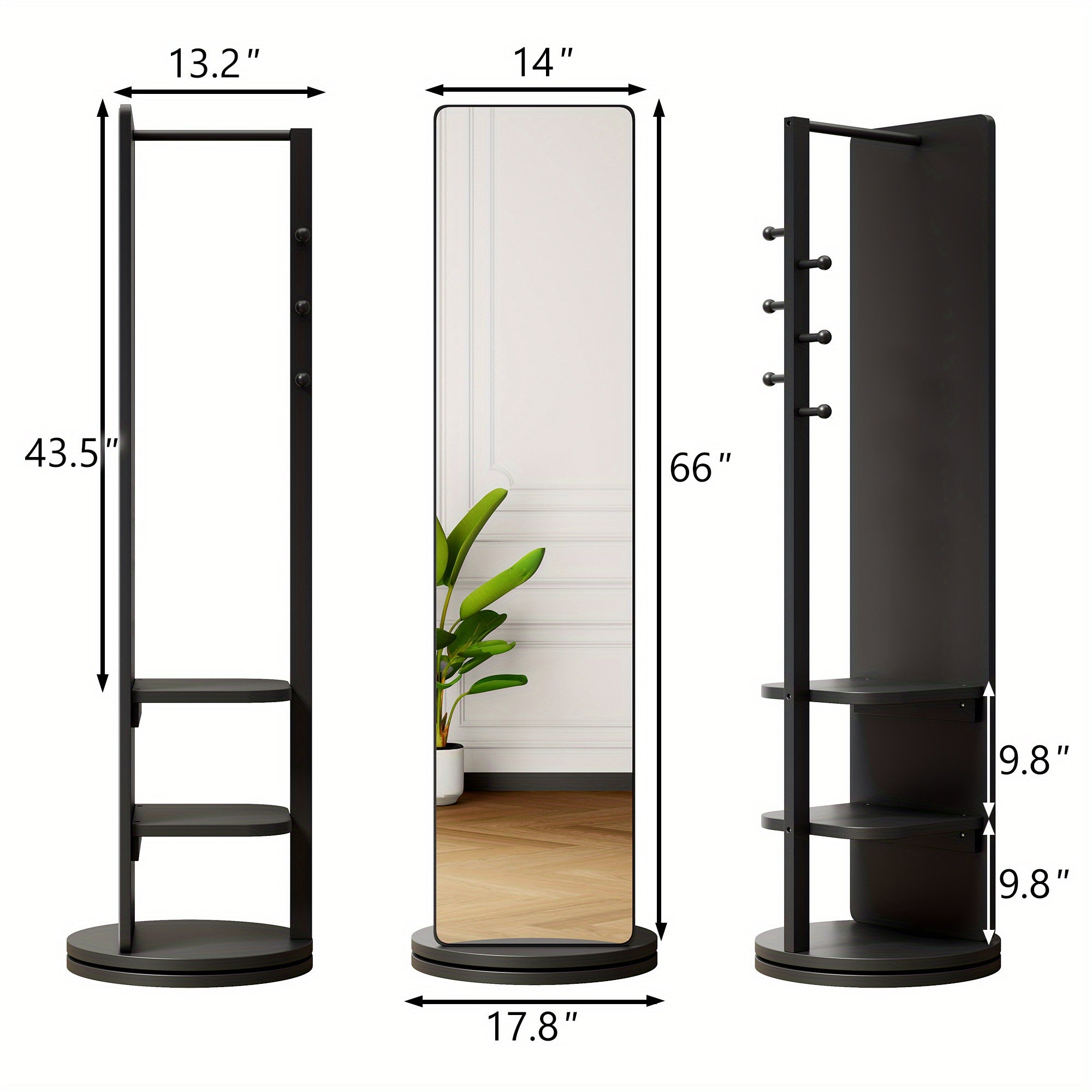 360° Rotating Full-length Mirror, Full-length Solid Wood Floor Mirror with Coat Rack Mirror with Storage with Storage Rack, Bag, Hat, Shoes, Suitable for Bedroom, Entrance Hall, Living Room