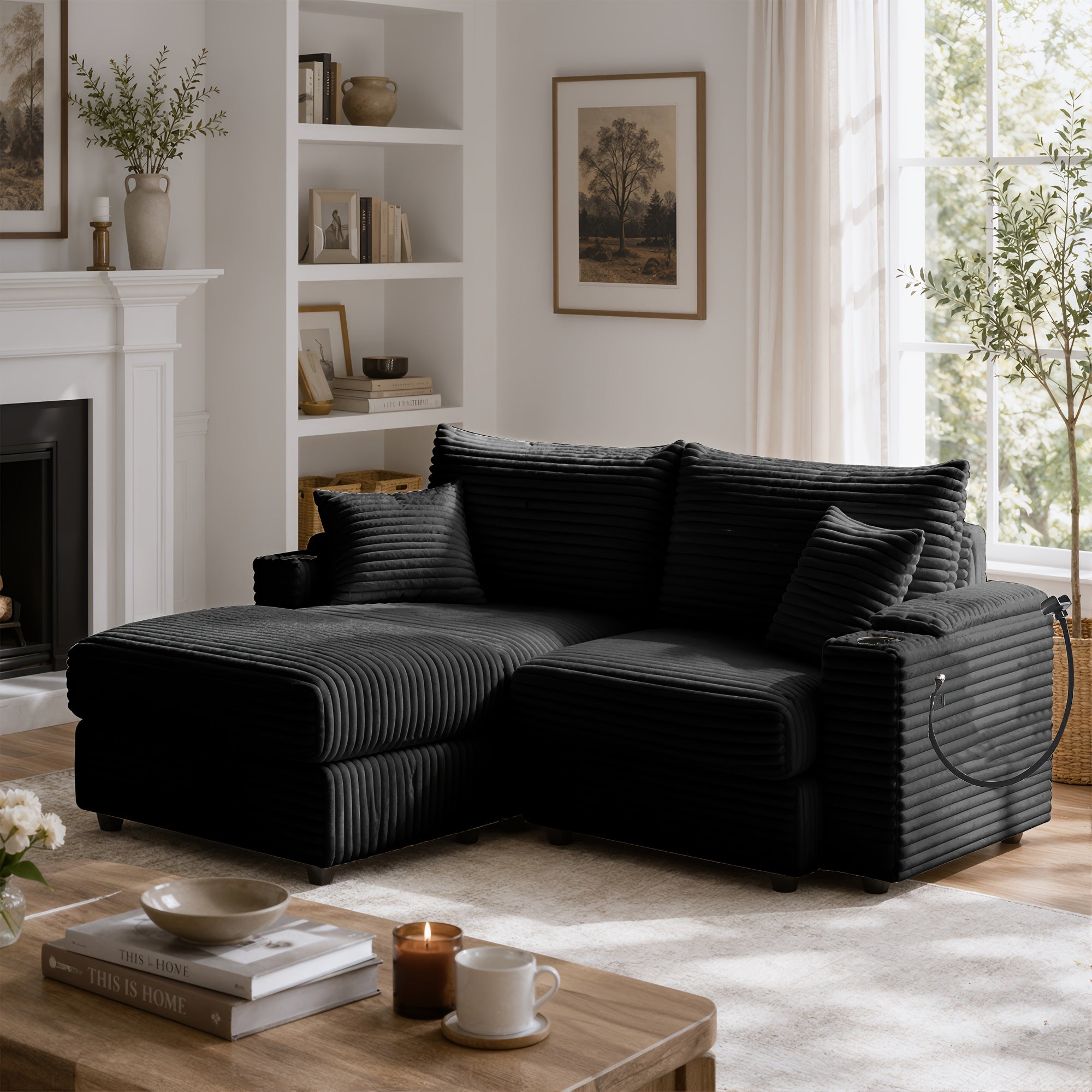 Left chaise L-shaped sectional sofa with memory foam cushions and corduroy upholstery