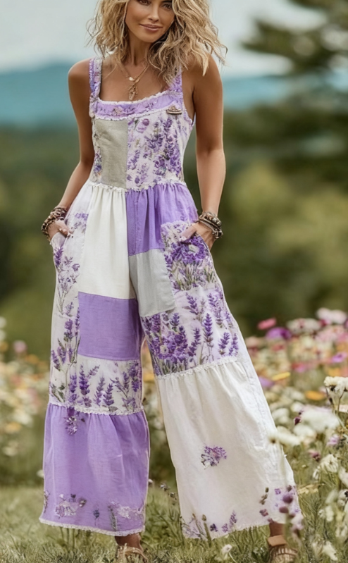 Women's Vintage Print Sleeveless Casual Jumpsuit with Pockets