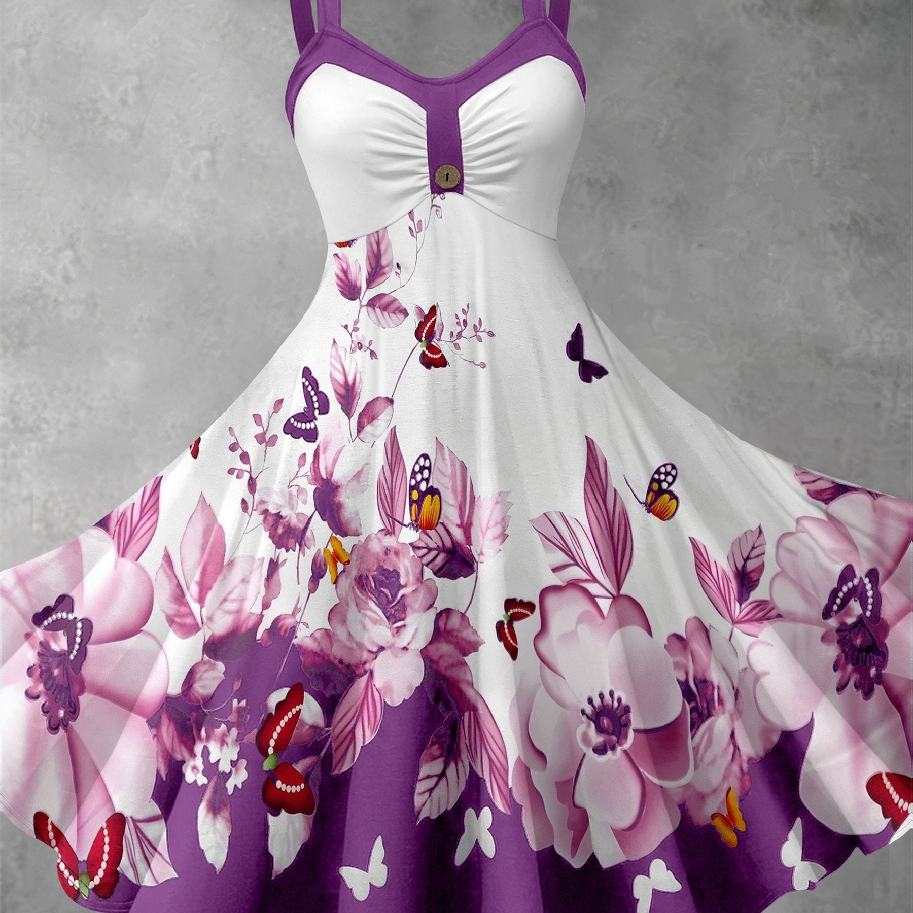 Butterfly Floral Print Camisole Maxi Dress with Color‑Block Flared Design – Elegant Long Summer Dress