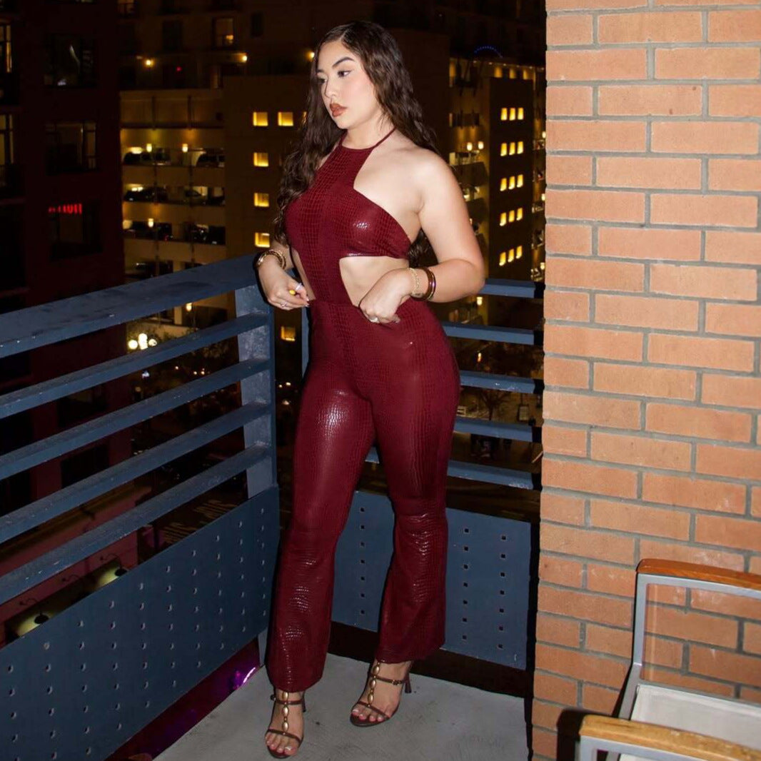 Womens Personalized Halterneck Backless Slim-fit Mid-rise Jumpsuit
