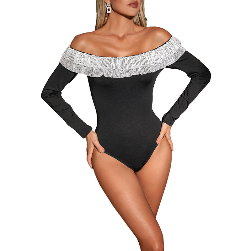 Off-Shoulder Ruffled Patchwork Long Sleeve Jumpsuit