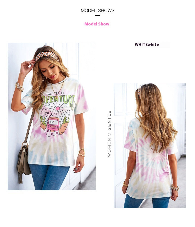 Casual Tie-Dyed Letter Print Short-Sleeve T-Shirt