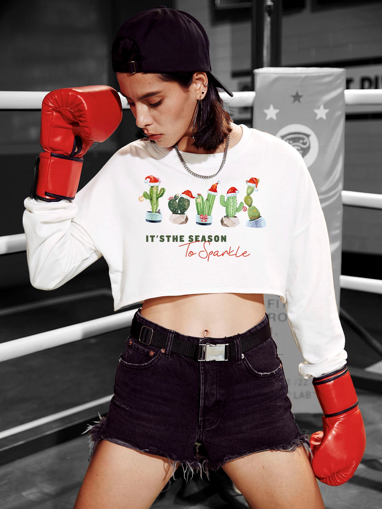 Women's Festive Christmas Cropped Casual Long Sleeve Sweater